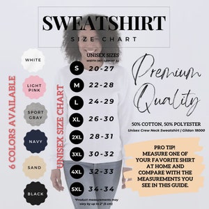 Peut inclure: Un tableau des tailles pour un sweat-shirt unisexe. Le tableau indique les mesures de largeur et de longueur en pouces pour les tailles S &agrave; 5XL. Le sweat-shirt est compos&eacute; de 50 % de coton et de 50 % de polyester. Le tableau comprend &eacute;galement un conseil pour mesurer votre sweat-shirt pr&eacute;f&eacute;r&eacute; &agrave; la maison et le comparer aux mesures du tableau.