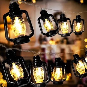 May include: A string of decorative lights featuring multiple miniature black lanterns. Each lantern has a clear glass center that glows with a warm yellow light, suspended on a thin wire cord arranged in two horizontal rows.