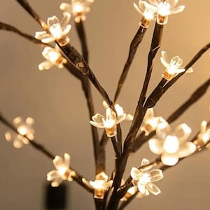 May include: Close-up of a decorative lighted tree with brown branches and clear, flower-shaped lights. The lights are illuminated, creating a warm, inviting glow. The tree is a decorative accent for home decor.