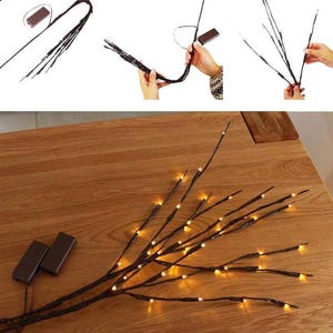 May include: A set of brown twig branches with warm white LED lights. The branches are arranged in a vase or on a table. The lights are on and create a warm glow.