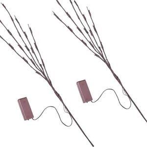 May include: Two sets of battery-powered twig lights with brown branches and white LED lights. Each set has a brown battery pack with a wire connecting to the lights.
