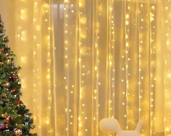 Warm white curtain lights, fairy lights, Room decor, Holiday decorations, sparkling lights, USB with remote 300 lights/8 modes