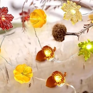 May include: String of decorative lights featuring autumn-themed shapes. The string includes illuminated acorns, pumpkins, and maple leaves in shades of orange, yellow, and red. The lights are strung on a thin, silver wire, creating a warm, festive glow.