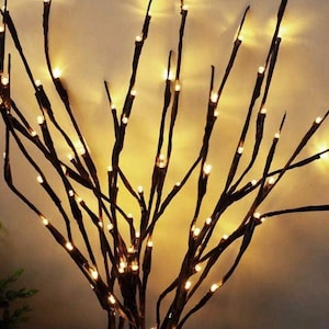 May include: A set of twig-like branches with warm white LED lights strung along them. The branches are arranged in a vase-like shape, creating a decorative and festive ambiance.