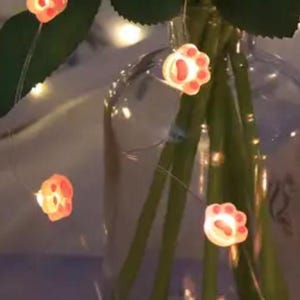 May include: String lights with paw-shaped, warm-toned lights. The lights are strung on a thin wire and are interspersed with green stems and leaves in a clear glass vase. The lights are a soft orange color.