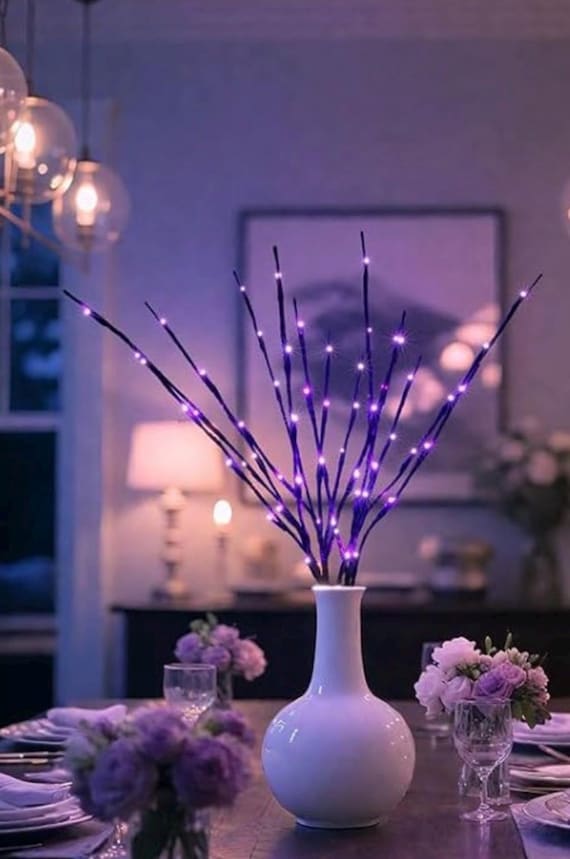 Purple birch willow branch lights, Twig branches, vase filler, floral lights, center piece (2 pack )