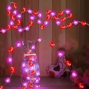 May include: A string of heart-shaped LED lights in red and pink, spelling out the word "LOVE". The lights are draped over a clear glass vase filled with water and more heart-shaped lights. A decorative heart-shaped pillow is in the background.