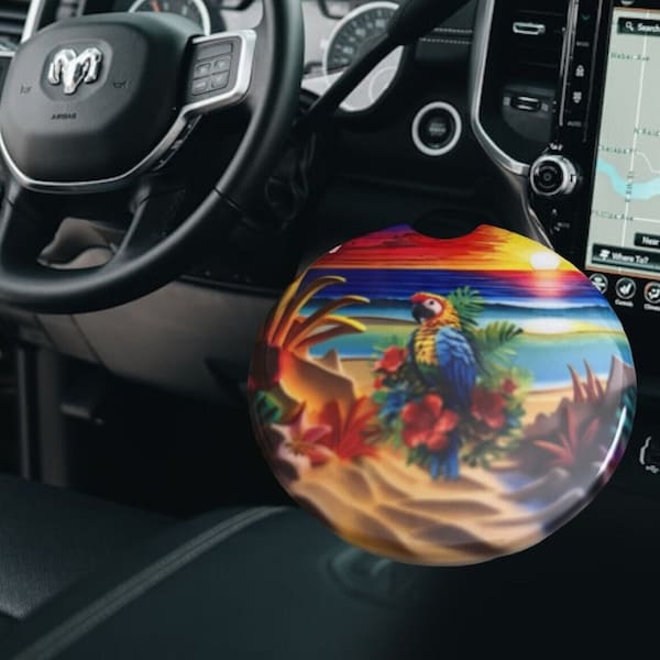 2 Ceramic Car Coasters Tropical a with Parrot on it. These colorful coasters will turn your boring car drive into a tropical paradise drive.