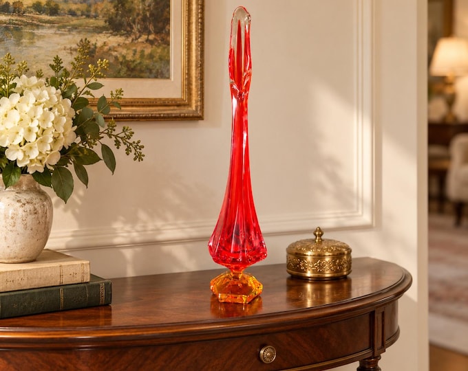 Vintage Viking Glass Epic Column Ribbed Swung Vase, Persimmon Orange Red 15.5” Mid Century Art Glass