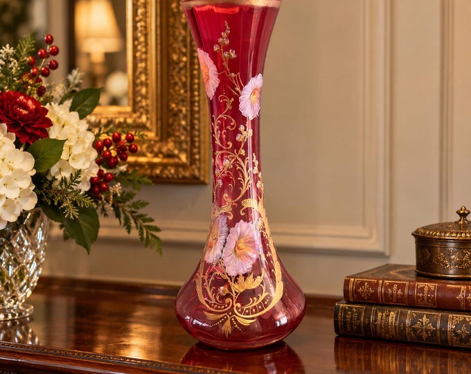 Bohemian Cranberry Ruby Red Hand-Painted Floral Antique Art Glass Vase with Gold Gilt Decoration 18”