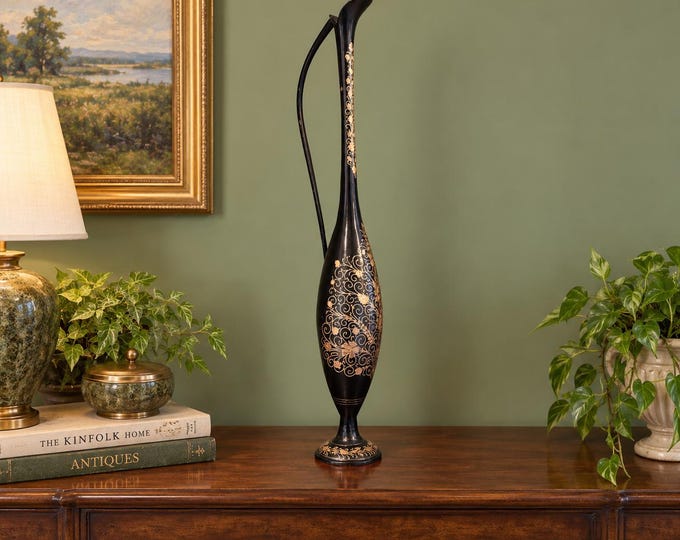 Vintage Made in India Blackened Brass Ewer – 17.5” Tall Hand-Etched Decorative Vase