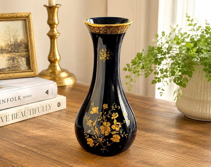 Vintage Limoges Castel Cobalt Blue Porcelain Vase | Hand Decorated Gold Floral French Decor