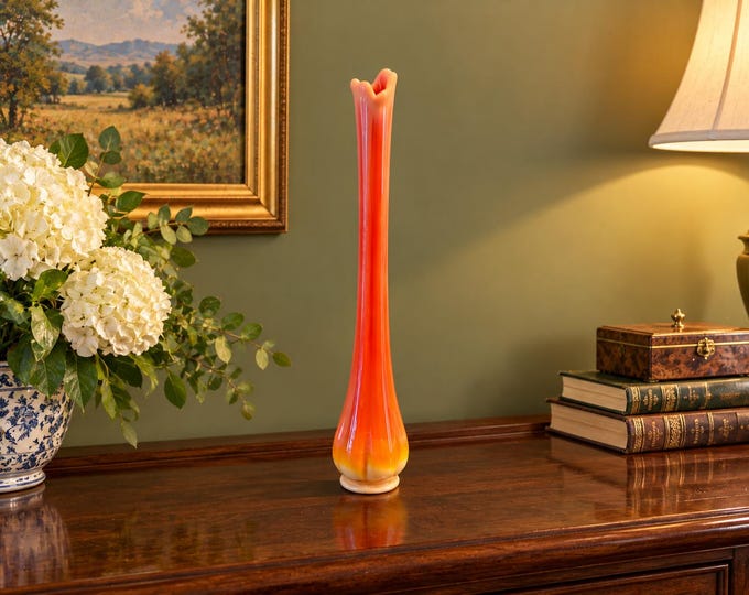L.E. Smith Vintage Bittersweet Orange Yellow Swung Art Glass Vase 14”
