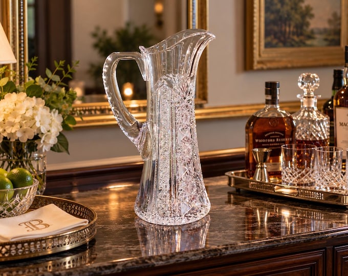 Cut Glass Tankard | 14” ABP Crystal Pitcher Hobstar Cane & Prism, Antique American Brilliant