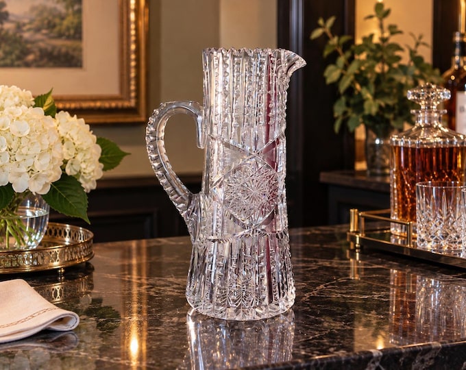 Signed Libbey Ellsmere ABP Cut Glass Tankard, Antique American Brilliant Period Crystal Pitcher