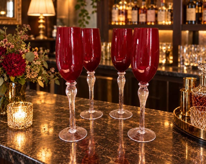 Set of 4 Ruby Red Stemmed Glasses | Elegant Modern Glassware | Clear Stem Champagne Glasses
