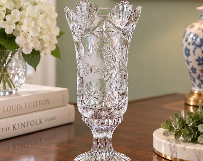 Crystal Vintage Hurricane Lamp, Crystal Clear Industries, Cut & Frosted Floral, CCI19, German