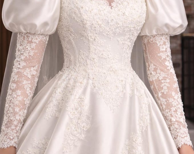 Vintage 1980s Beaded Satin Wedding Dress | Lace Illusion Neckline | Cathedral Train | Pearl Bridal Gown