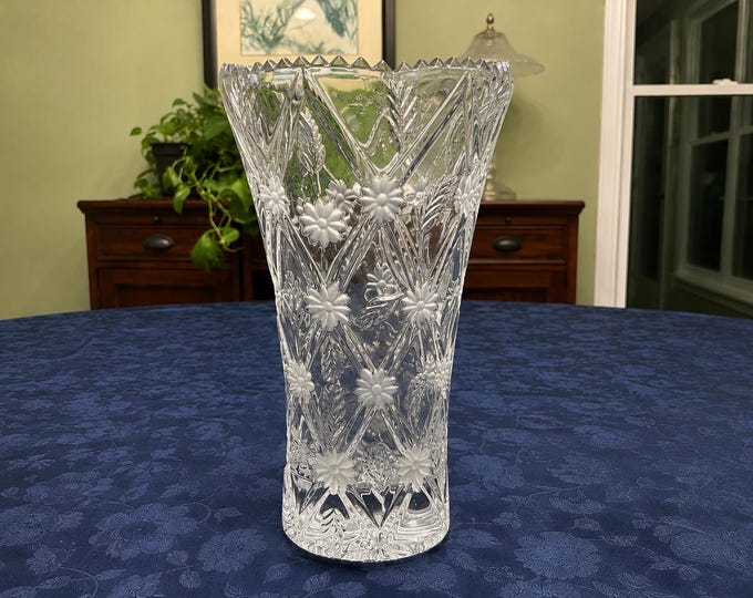 ABP Cut Crystal Vase: Frosted Floral, Geometric, Sawtooth Rim (13" Corset)