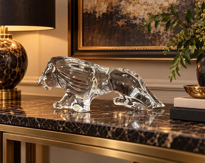 Baccarat Signed Walking Lion Clear Crystal Sculpture 10.5”