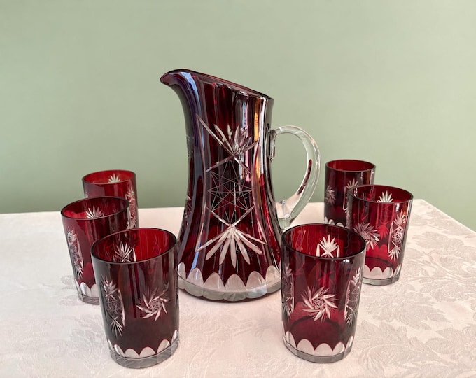 Czech Bohemian Ruby Red Cut-to-Clear Crystal Pitcher & Tumblers (7-Piece Set)