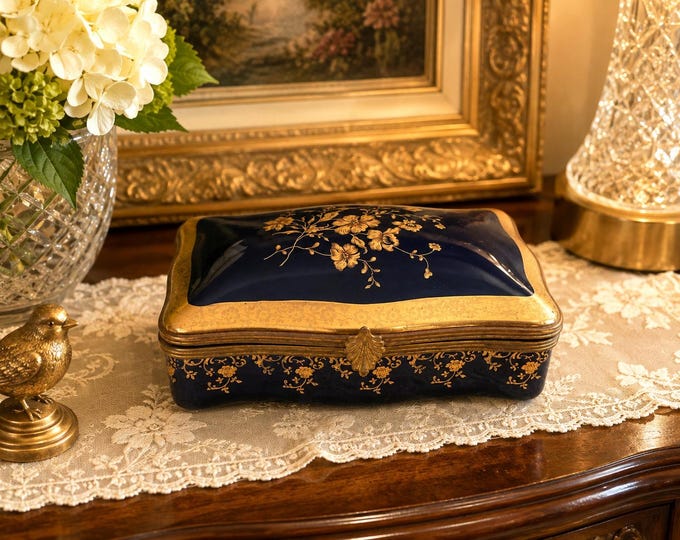 Vintage Limoges Castel Cobalt Blue Porcelain Trinket Box | Gilded Floral French Jewelry Box