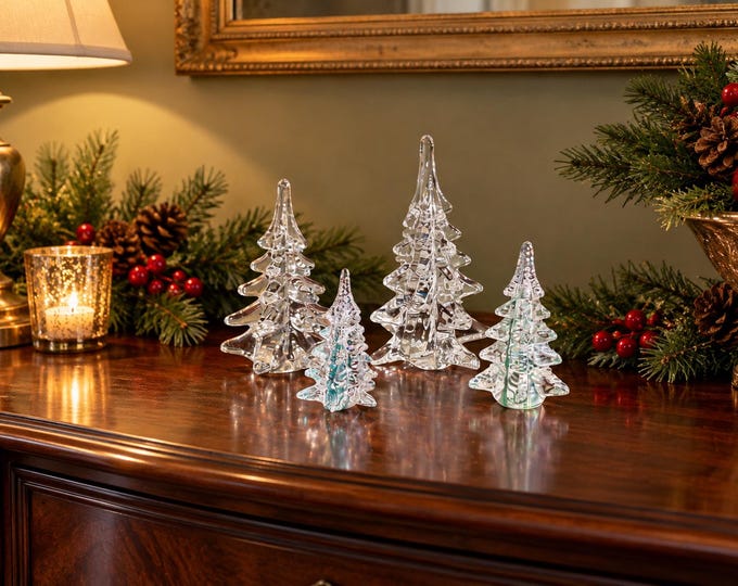 Silvestri Attributed Vintage Art Glass Christmas Trees Clear & Green Set of 4