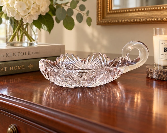 ABP Cut Glass Nappy Handled Dish Antique American Brilliant Crystal, attributed to Libbey Waverly