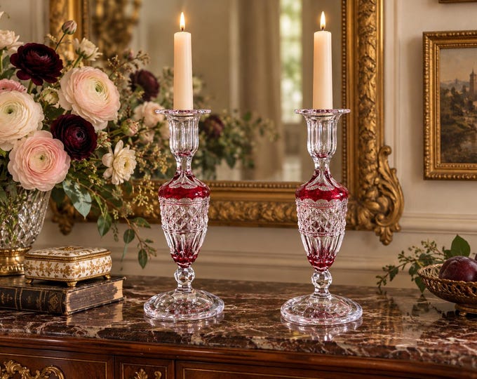 Val Saint Lambert Attribited Ruby Red Cut-to-Clear Crystal Candlesticks 9.5” Pair