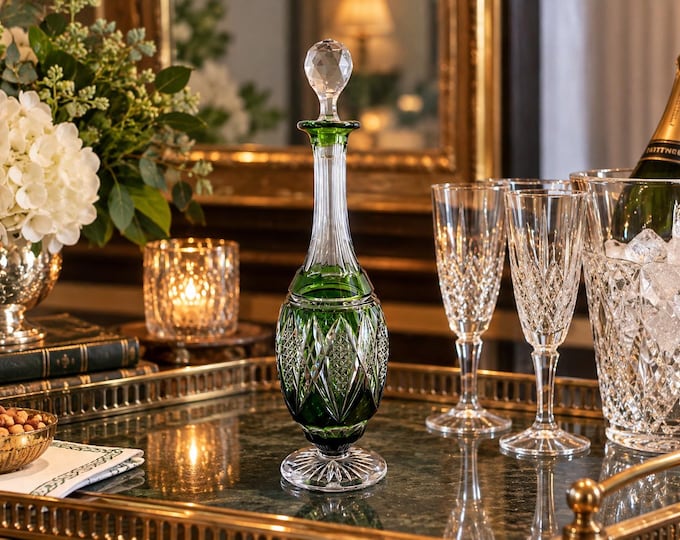 Val Saint Lambert Ferber Green Cut-to-Clear Crystal Decanter with Stopper 12.5” Antique c. 1925