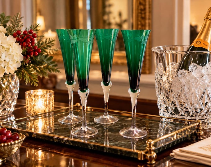 Lenox Holiday Gems Emerald Green Crystal Champagne Flutes 11” Set of 4
