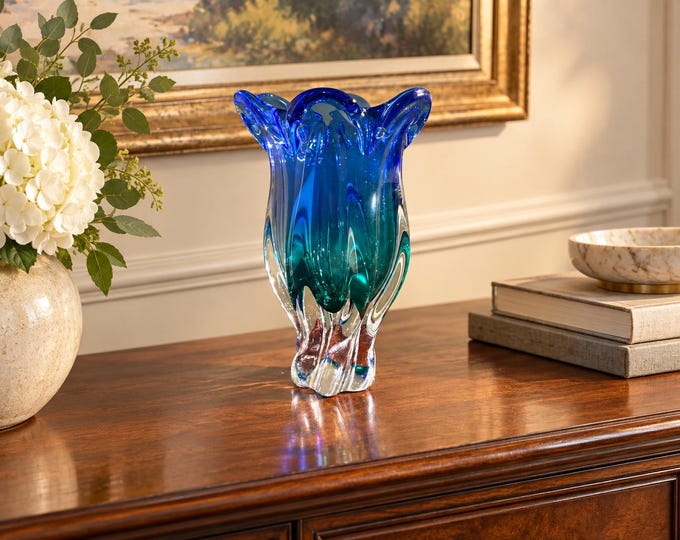 Vintage Royal Gallery Polish Handblown Art Glass Tulip Vase, Cobalt Blue Emerald Green 9.25