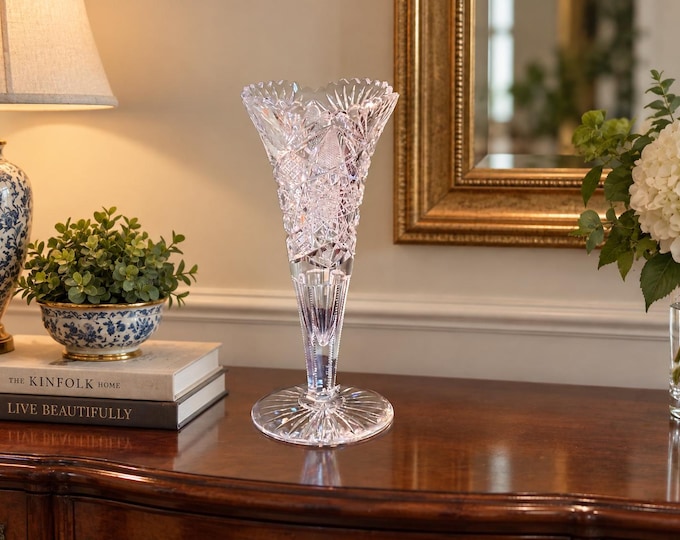 Antique Cut Glass Trumpet Vase, American Brilliant Period , Hobstar Fan Diamond 9.75”