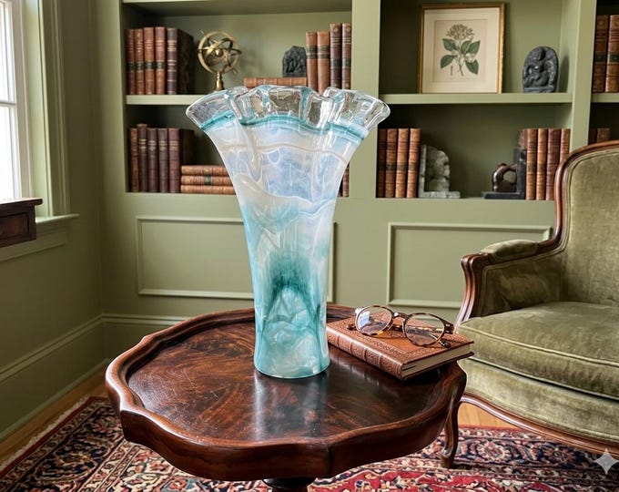 Vintage Murano Art Glass Vase: Aqua Blue Swirl, Ruffled Rim, Hand Blown Italian