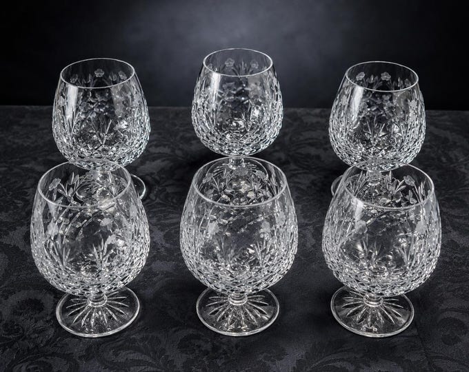 Set of 6 Vintage Rogaska Gallia Crystal Brandy Snifters – Etched Floral Cut Crystal – Yugoslavia
