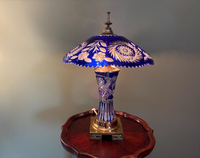 Cobalt Cut-to-Clear Crystal Lamp, Signed Dresden by Peck Two-Light Vintage Floral Crystal Shade