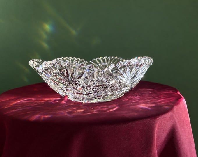 American Brilliant Period Deep Cut Crystal Bowl Starburst Fan Design Antique 10”
