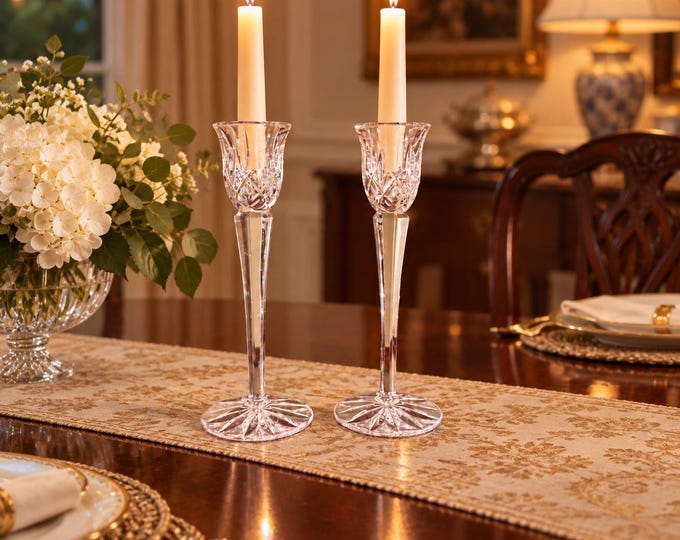 Vintage Cut Crystal Candlesticks Pair Tall Faceted Stem Starburst Base Candle Holders