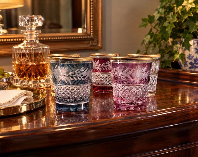 Ebeling & Reuss Marchioness Cut-to-Clear Crystal Tumblers – Set of 5 – Multicolor Gold Rim Vintage Glasses