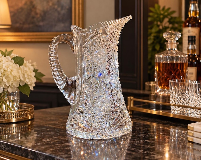 Cut Glass Water Pitcher | Hobstar Star Fan Crystal Pitcher, Antique American Brilliant, ABP