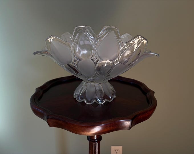 Romania Frosted Crystal Pedestal Bowl Floral Centerpiece By Vintage Crystal Clear Industries