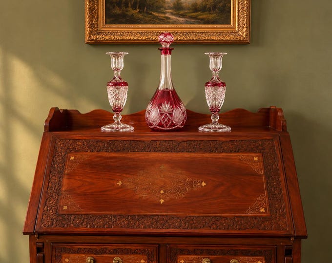 Val Saint Lambert Signed Berncastel Cranberry Cut-to-Clear Crystal Cordial Decanter 10.5”