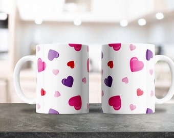 Red Purple Pink Hearts Pattern Mug Wrap - 11oz & 15oz PNG - Coffee Mug Sublimation - Printable PNG Design Download - Valentine's Hearts Mug