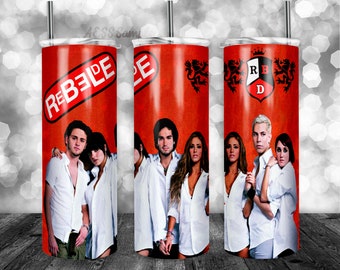 May include: A red and black stainless steel tumbler with a graphic of the band RBD. The tumbler features the band members in white shirts and the text "Rebelde" in a red circle.