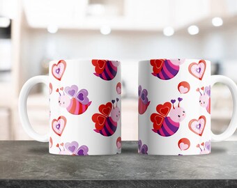 Bee Red Hearts Purple Pattern Mug Wrap - 11oz & 15oz PNG - Coffee Mug Sublimation- Printable PNG Design Download - Valentine's Hearts Mug