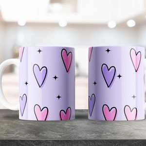 Süße lila rosa Herzen Tasse Wrap - 11 Unzen & 15 Unzen PNG - Kaffeebecher Sublimation - druckbare PNG Design Download - Valentinstag Herzen Tasse