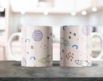 Cute Outer Space Drawing Mug Wrap - 11oz & 15oz PNG - Coffee Mug Sublimation - Printable PNG Design Download - Space Planet Stars Moon Mug