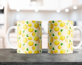 Lemon Pattern Art Mug Wrap - 11oz & 15oz PNG - Coffee Mug Sublimation - Printable PNG Design Download - Cute Yellow Lemon Pattern