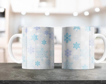 White Snowflake Mug Wrap - 11oz & 15oz PNG - Coffee Mug Sublimation - Printable PNG Design Download - Snow Winter Mug
