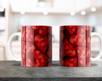 Red Crystal Glass Hearts Pattern Mug Wrap - 11oz & 15oz PNG - Coffee Mug Sublimation- Printable PNG Design Download - Valentine's Hearts Mug